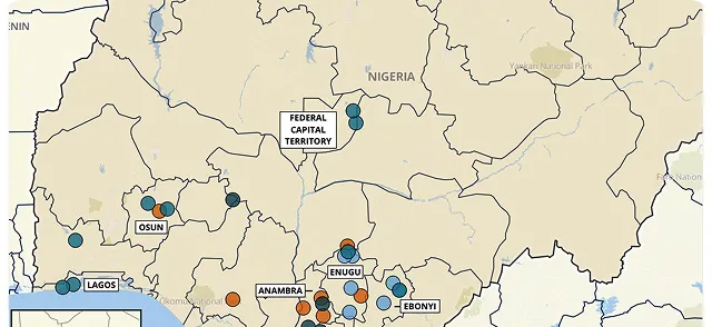 Map of Nigeria showing polling unit and transparency data markers across states