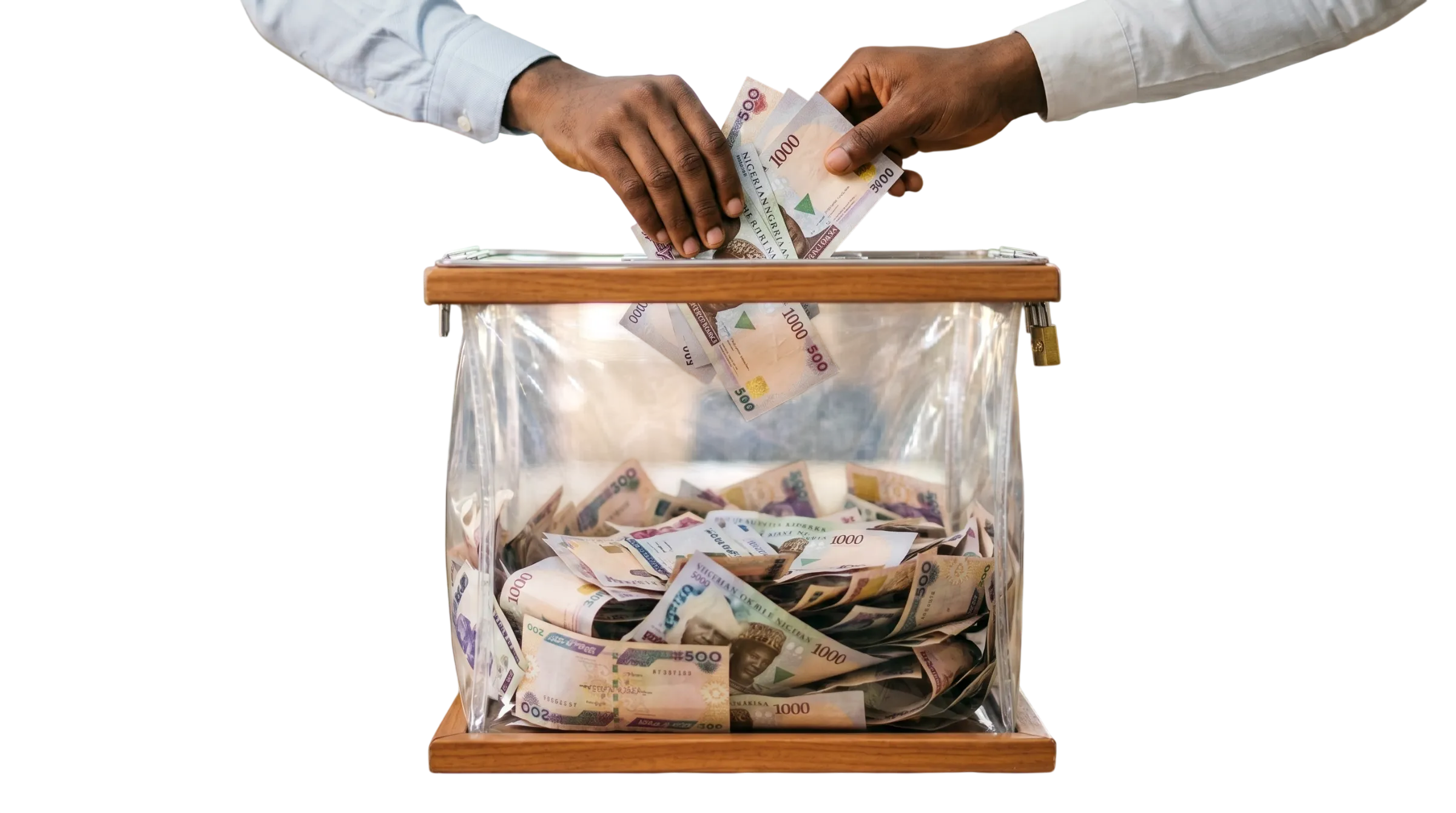 Hands placing donated naira notes into a ballot box